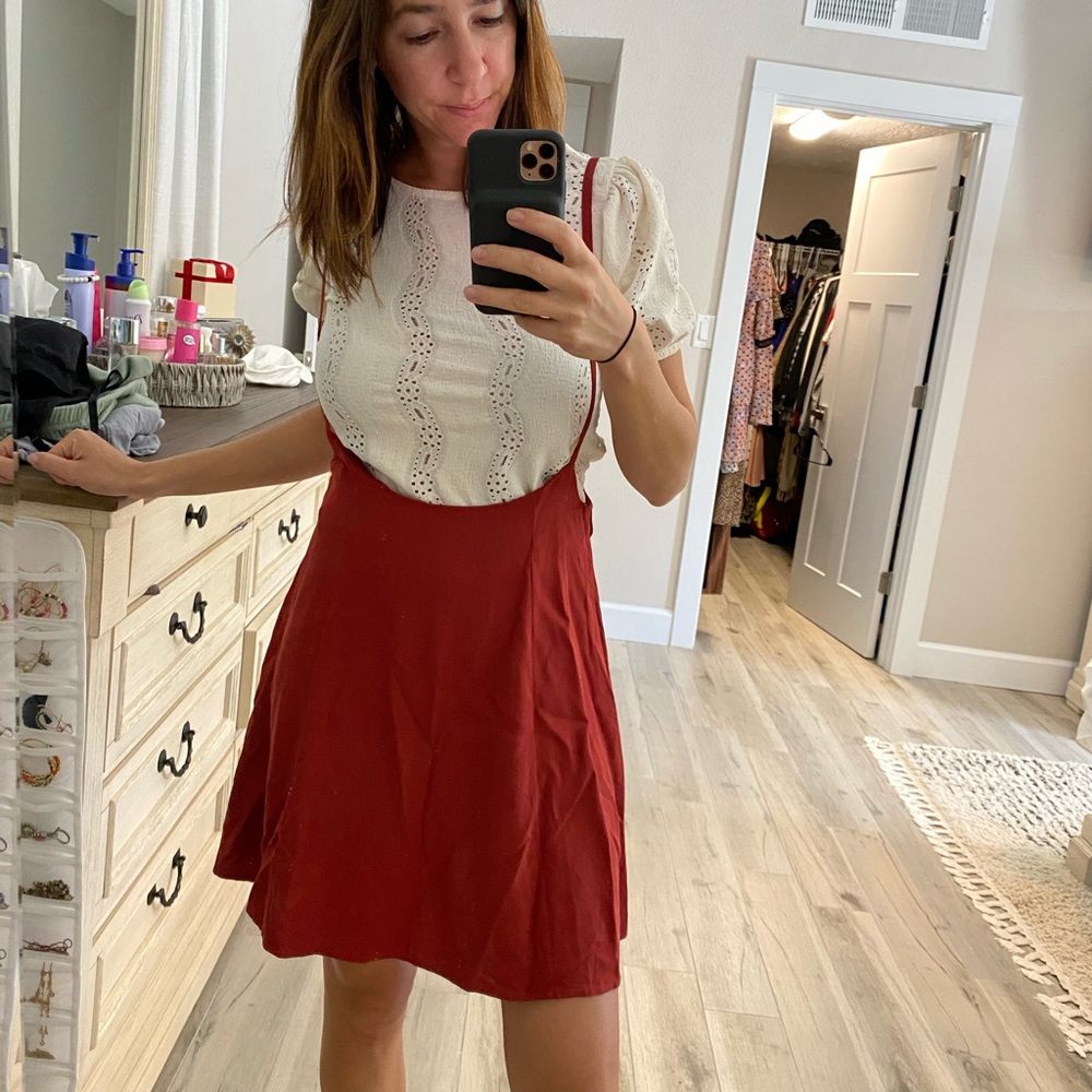 Burnt orange suspender dress